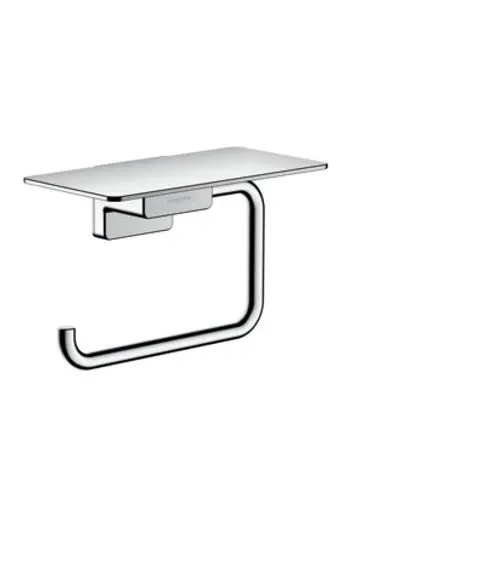 Toilettenpapierhalter von Hansgrohe mit integrierter Ablage, aus verchromtem Material, wandmontiert mit eckigen und geschwungenen Designelementen.